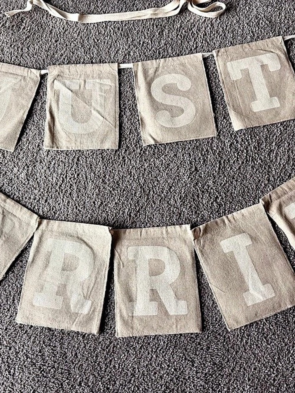 Rustic Burlap “JUST MARRIED” Wedding Banner Garland • Beige & White Letters